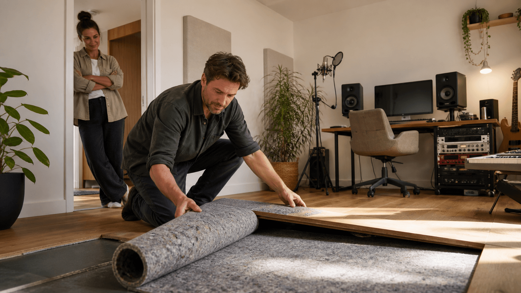 Split home studio with a guitar, desk, and layered flooring samples in warm natural light