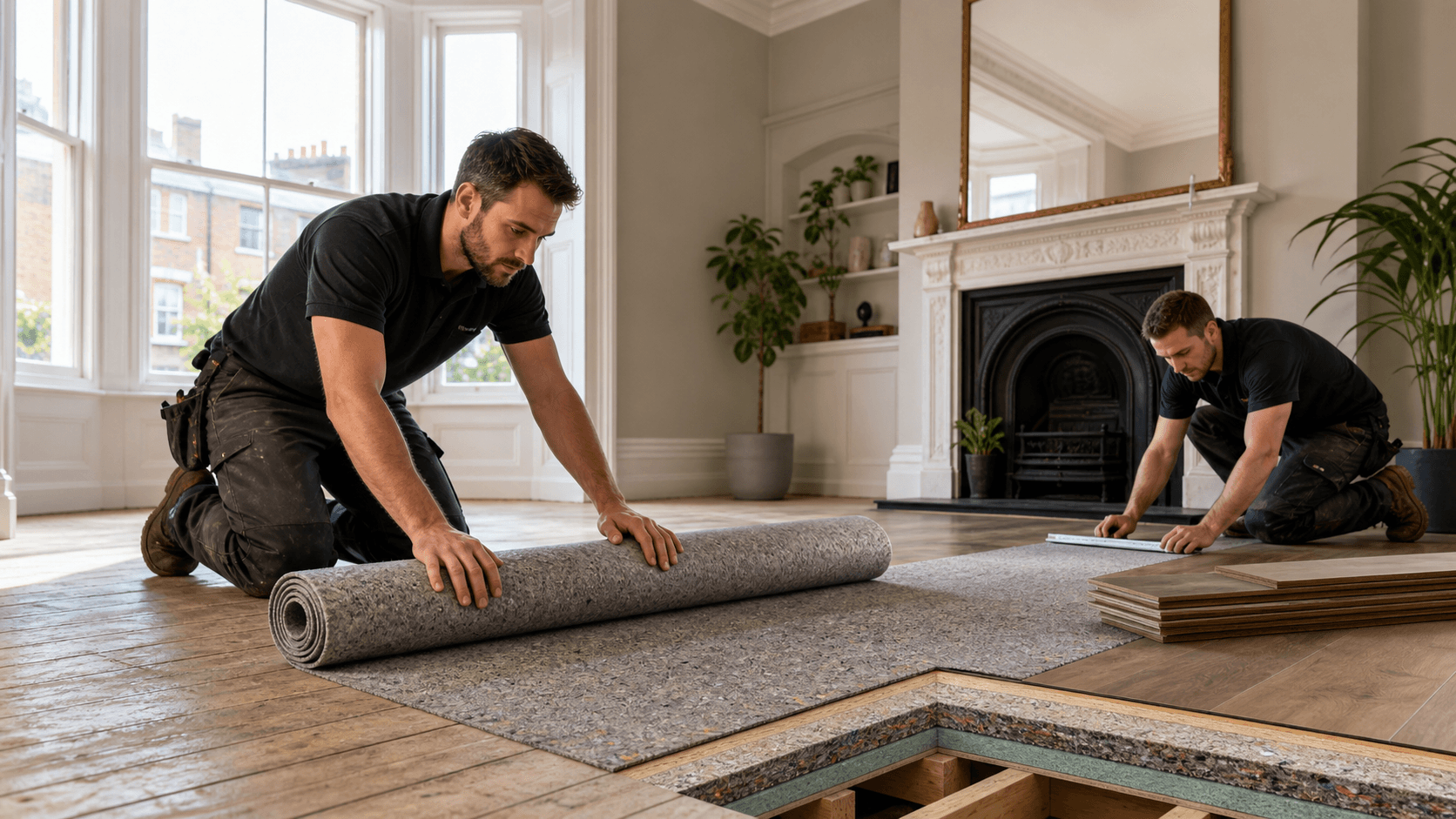 Rolled acoustic underlay beside a wood-floored flat interior, with soft daylight and muted neutral tones.