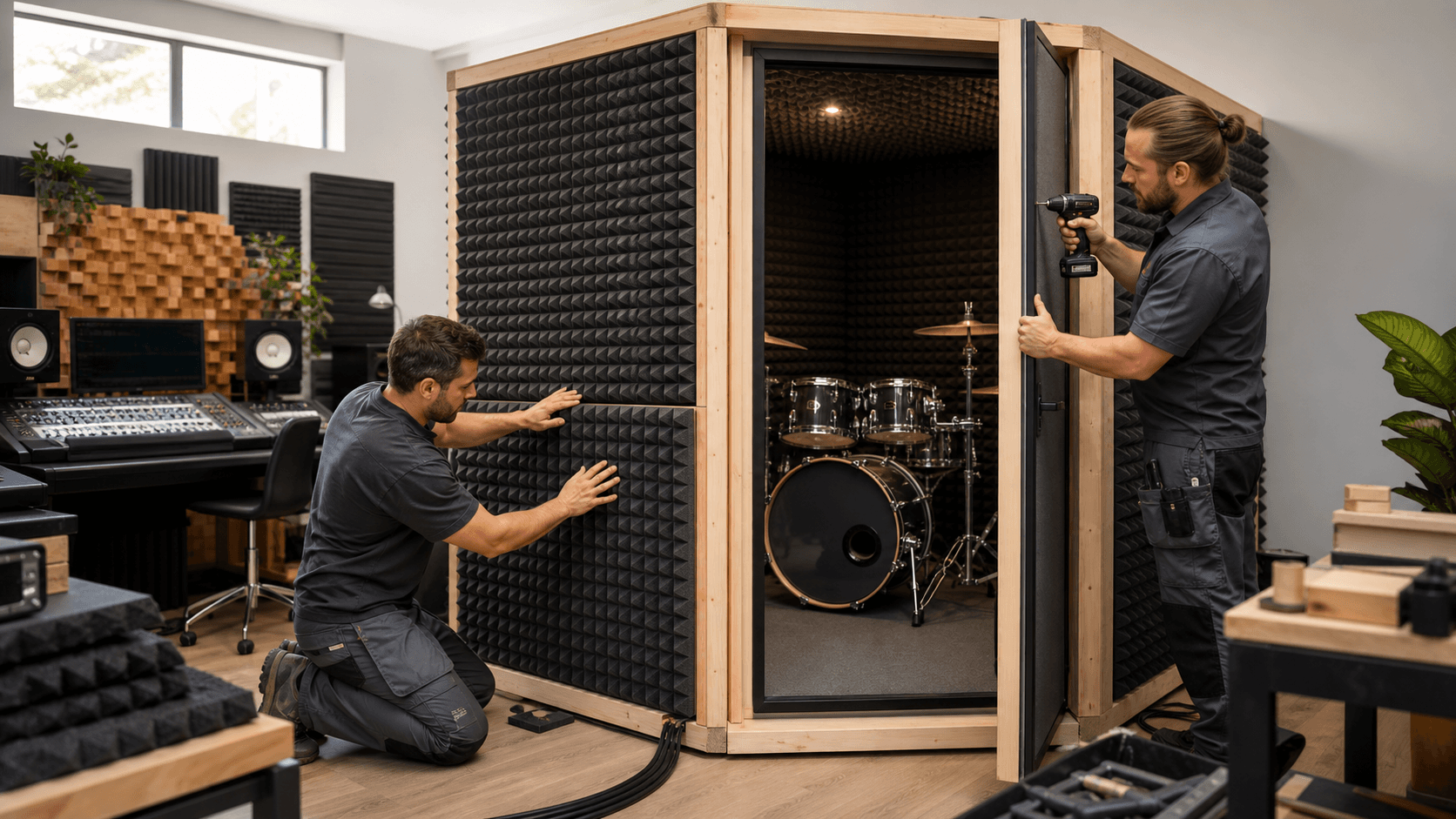 Wood-framed drum booth with acoustic panels in a compact studio, drum kit inside under warm overhead lighting.