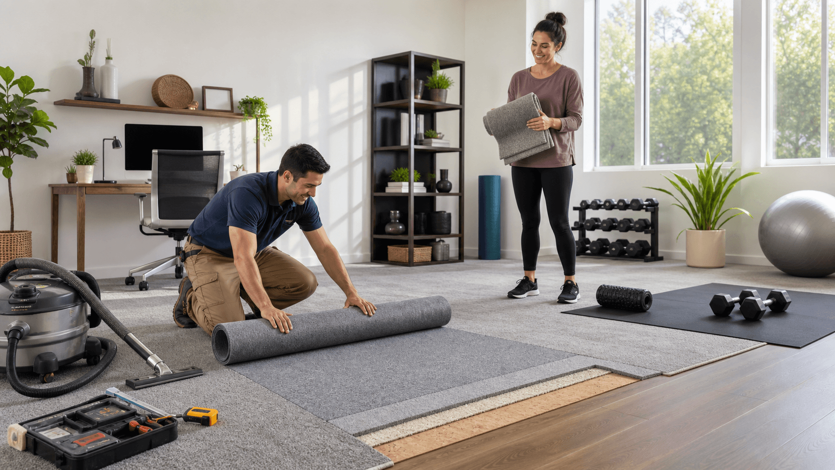Cozy modern room with carpeted floor, rug, and soft daylight, showing layered flooring cross-section cutaway.