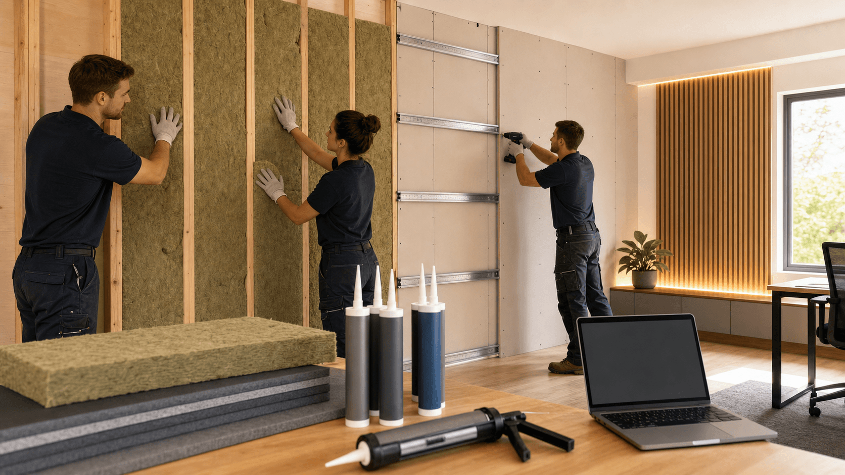 Cutaway of a room wall with layered acoustic panels and insulation, muted grey tones on a white background.