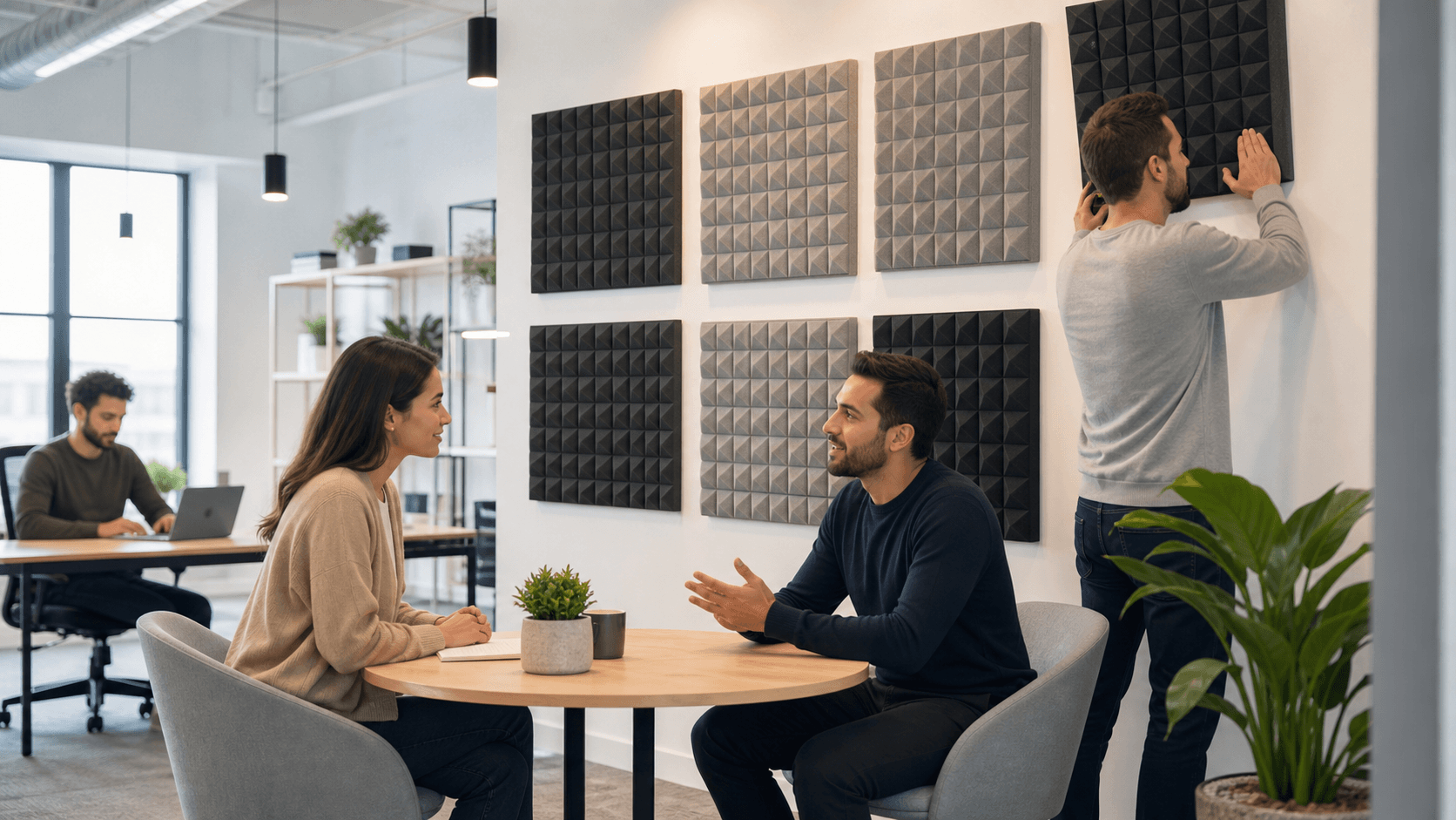 Modern office meeting room with gray acoustic foam panels on wall, coworkers chatting at table in soft light