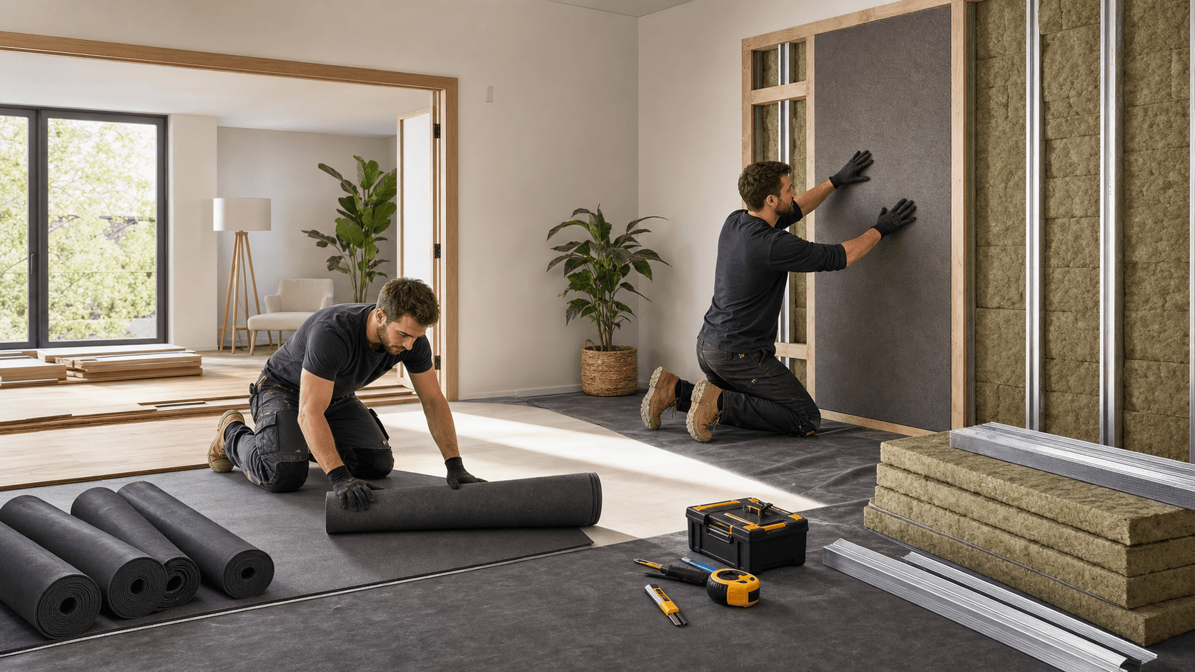 Split-screen interior: rolled gray acoustic underlay on floor left, blue soundproof wall panels right, soft daylight.