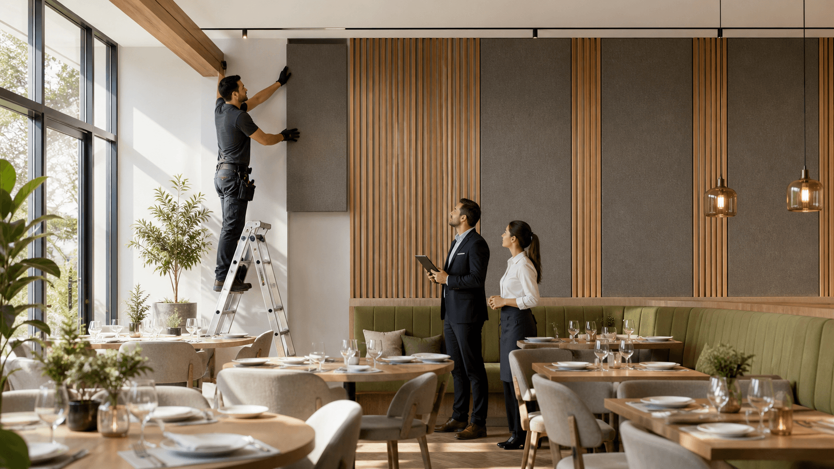 Modern restaurant interior with wood acoustic wall panels, warm pendant lights, and neatly set dining tables.