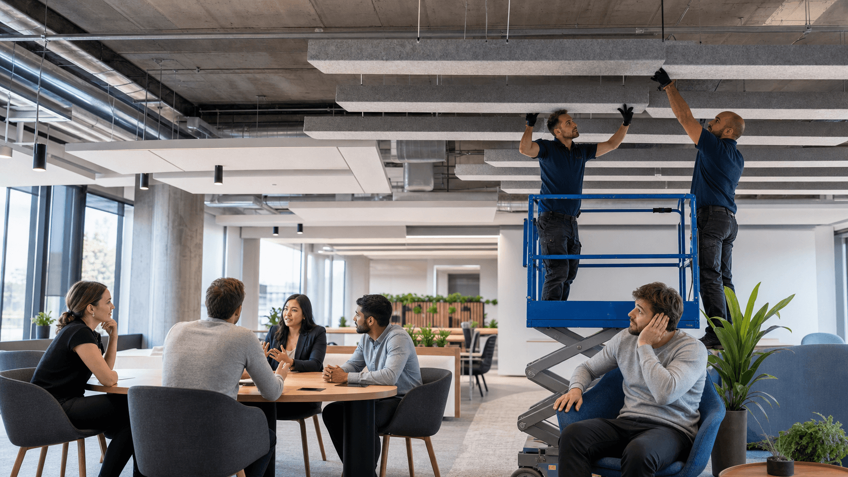 Modern office with exposed ceiling ducts, hanging lights, and workstations below in bright natural light